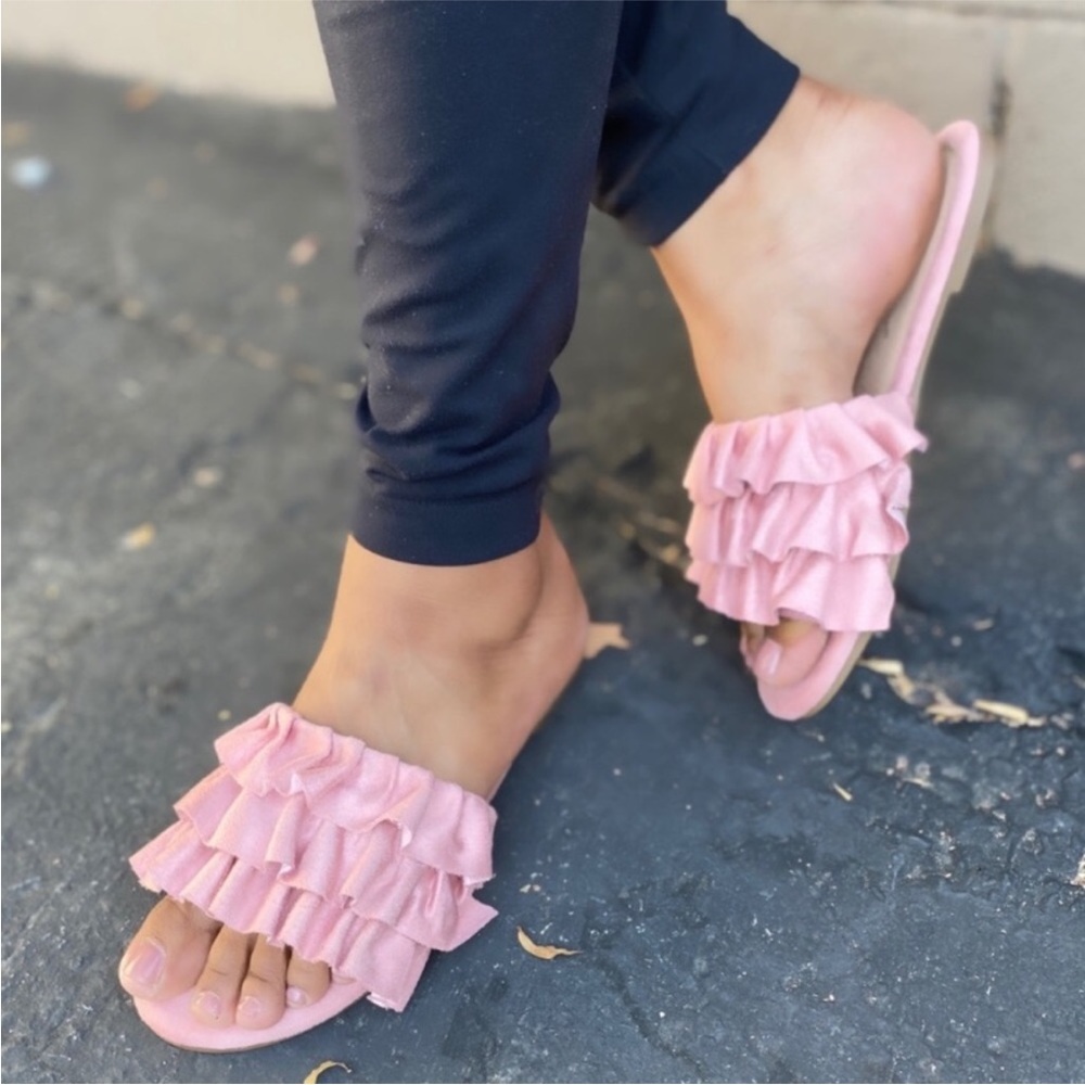Pink Vegan Suede Ruffles Women’s Slides✨